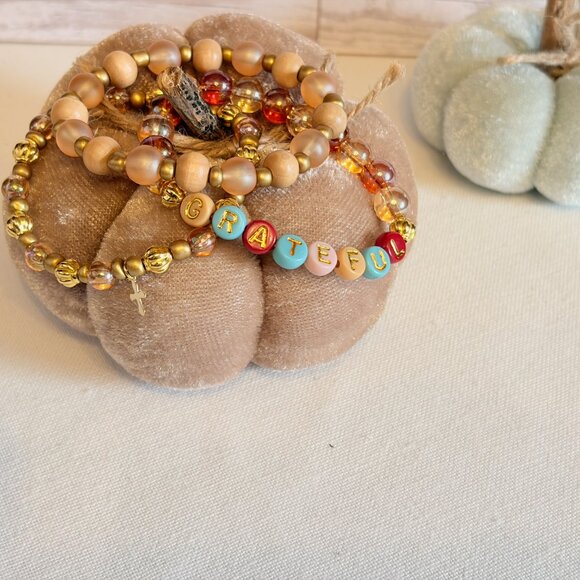 Handmade Beaded Bracelet Set – Word Bracelet, Gold & Nude Neutral Stack - Picture 6 of 6